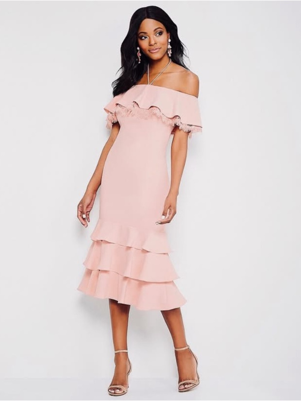 Aidan Mattox Lace Off The Shoulder Midi Dress